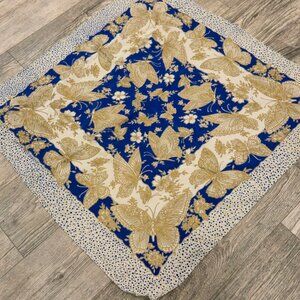 Vintage Butterfly Scarf Blue Gold Boho Headscarf Square Kerchief Wrap Bandana